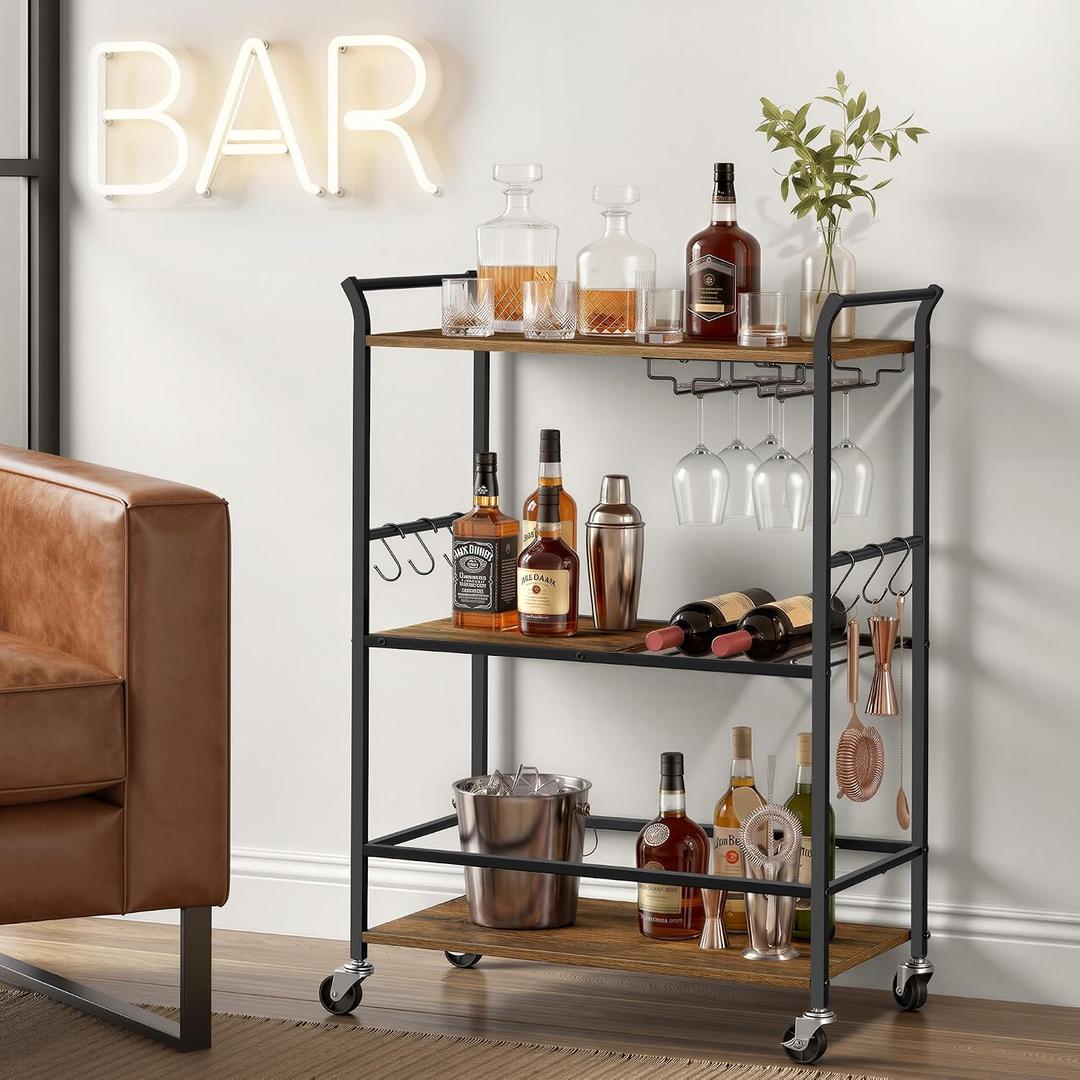VASAGLE Bar Cart with Wheels, Drink Cart with Wine Rack and Glass Holder, 25.4"D x 12.6"W x 33.7"H