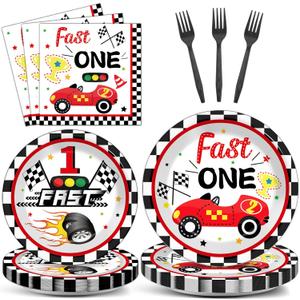 Fast One Birthday Decorations for Boys Racing Car 1st Birthday Party Supplies Fast One Plates Napkins Forks Checked Race Car Disposable Paper Plates Tableware Set for Kids Favors Serve 25