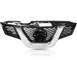 Front Bumper Black Grille Fit 2014 2015 2016 for N-issan Rogue Compatible with Mesh Front Air Grill Replacement Shroud Kit with Chrome Accents