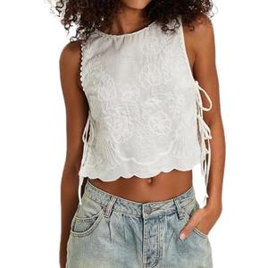 Tie Front Tops for Women Sleeveless V Neck Floral Embroidered Tank Y2k Sexy Cute Going Out Crop Vest Shirt
