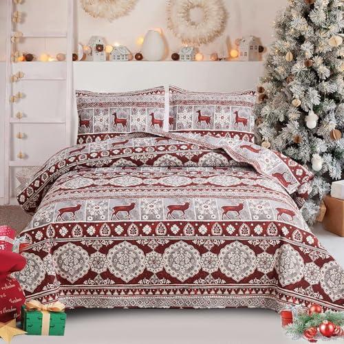 Christmas Quilt Set Full/Queen Size Moose Deer Bedding Sets Xmas Lodge Cabin Bedspread Coverlet Lightweight Rustic Bedding Cover Red Grey Elk Snowflake Holiday Xmas Quils Western Country Decor