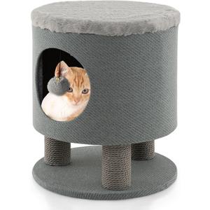 Tangkula Cat Condo Stool for Indoor Cats, Pet House Ottoman & Kitty Bed with Scratching Posts & Plush Ball Toy, 3-in-1 Modern Cat Condo Furniture for Small & Medium Cats (Grey)