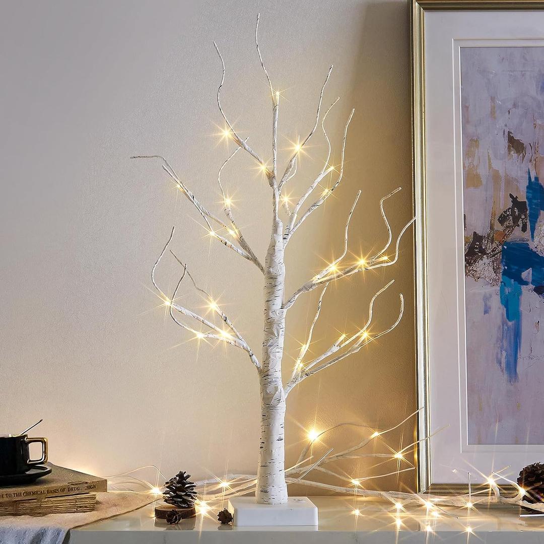 Vanthylit Lighted Tree, White Birch Tree with LED Lights, Prelit Artificial Tree with Timer, Centerpiece Tree Light for Christmas Decorations, Light Up Tabletop Tree Home Decor (2 FT, Warm White)