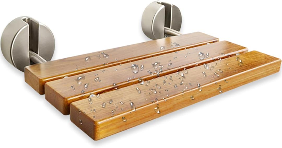 20 Inch Folding Teak Shower Bench - Wall Mounted Space-Saving Shower Seat for Elderly & Adults, Brushed Nickel Cover, 400lb Weight Capacity, Ideal for Shower