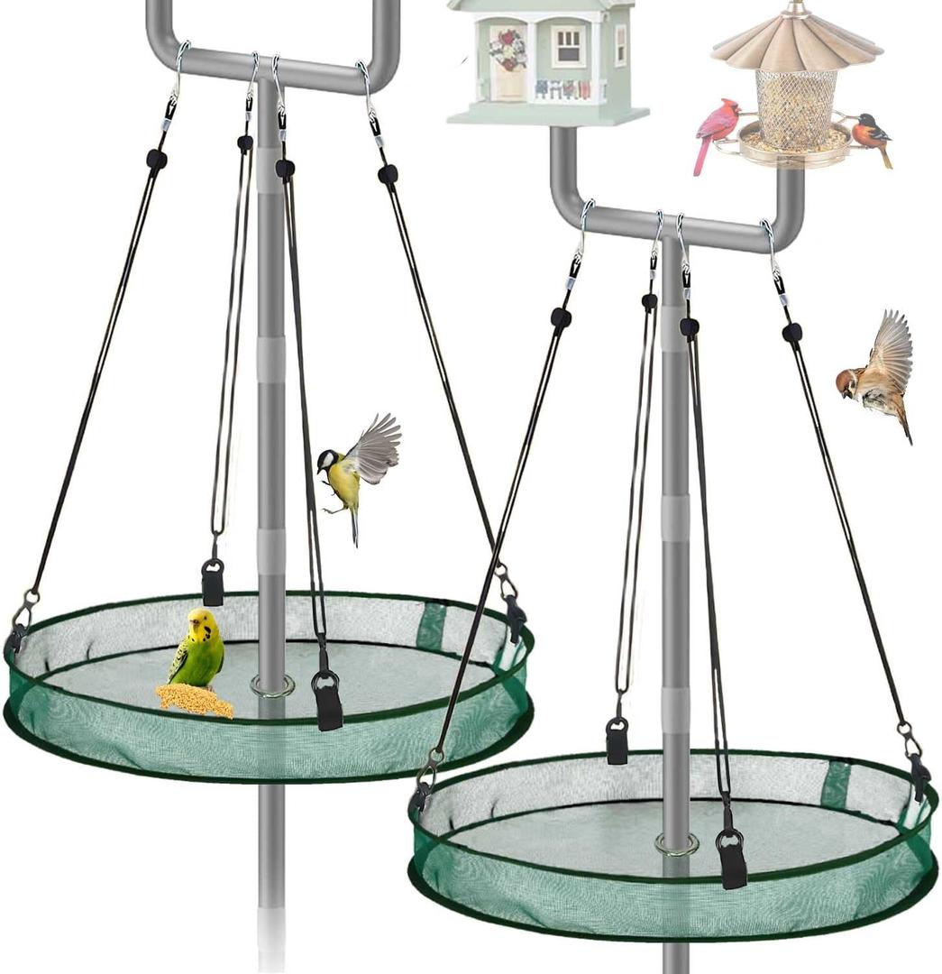 2 Pack Seed Catcher Tray for Outdoor Pole Mounted Bird Feeders, 20'' Hanging Bird Feeder Seed Catcher Platform with Holes Fits 1'' Pole, for Hummingbird Bee Feeder Outdoor Garden(with Holes)