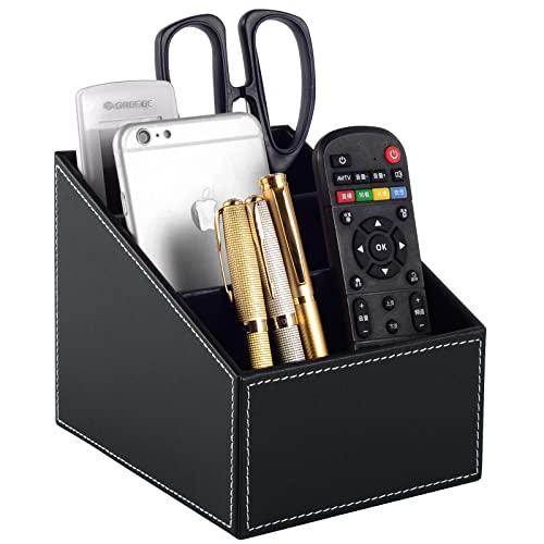 Fashionable PU Leather TV Remote Control Holder with 3 Compartments, Storage Rack, Storage Box, Media Accessory Storage, Desk Organizers (black)