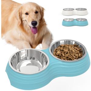 Stainless Steel Dog Bowls Set, Double Food & Water Bowls for Dogs, Dual Dog Food Bowl with 2 Medium (14oz*2) Bowl, Non-Slip Pet Bowls Suitable for Puppies, Cats and Medium Breed Dogs (Blue)