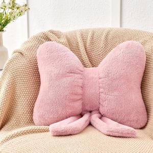 Dusty Pink Bow Pillow,16'' Bow Decorative Pillows with Faux Rabbit Fur,Soft Bow Throw Pillows Aesthetic Bow Shaped Pillow for Bed Sofa Couch Home Decor (Large-16 * 12 Inch)