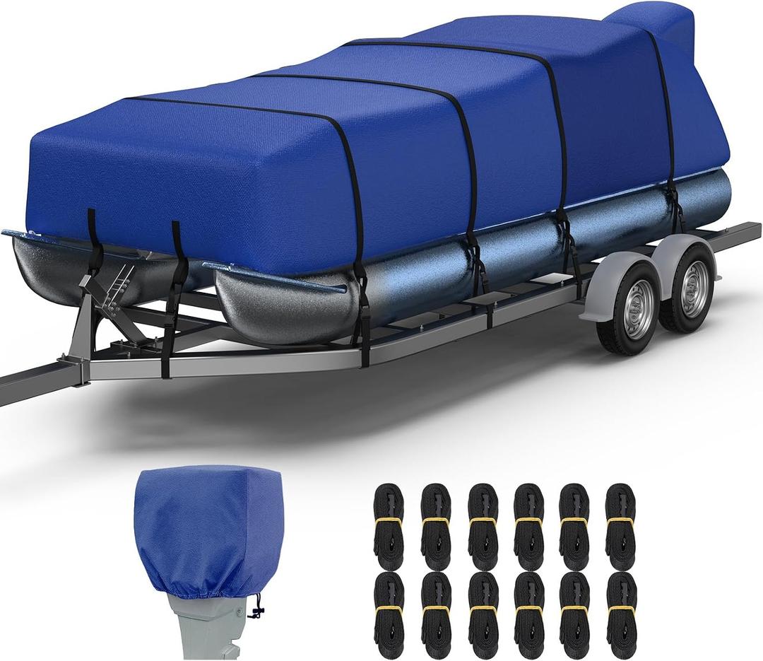 RVMasking Pontoon Boat Cover with Motor Cover, 1400D Heavy Duty Middle Reinforced, Marine Grade Waterproof Boat Cover for Length: 17'-20', Beam Width up to 102", Blue