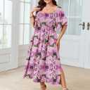 SHESTARR Women's Plus Size Dress Short Sleeve Square Neck Smocked Side Split Flowy A Line Long Maxi Dress (Pink, XL)