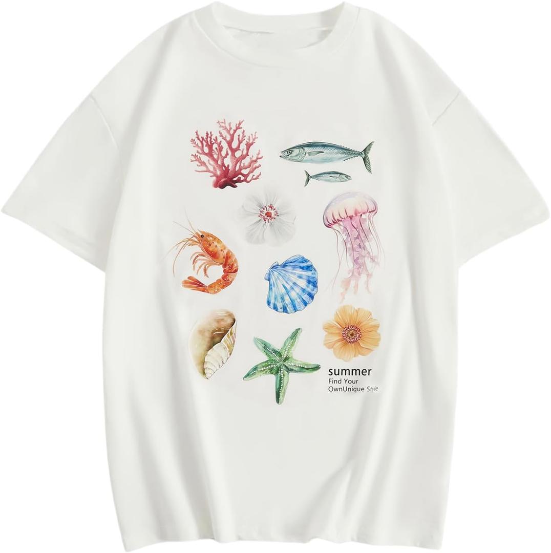 Girl's Drop Shoulder Letter Star Print Tee Tops Loose Short Sleeve Crew Neck T Shirts (White)