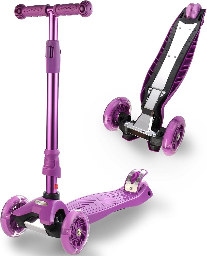 3 Wheel Scooter for Kids Ages 6-12,Kids Scooter with Light Up Wheels, Sturdy Deck Design, and 4 Height Adjustable Suitable for Kid Ages 3-12 (Grape)