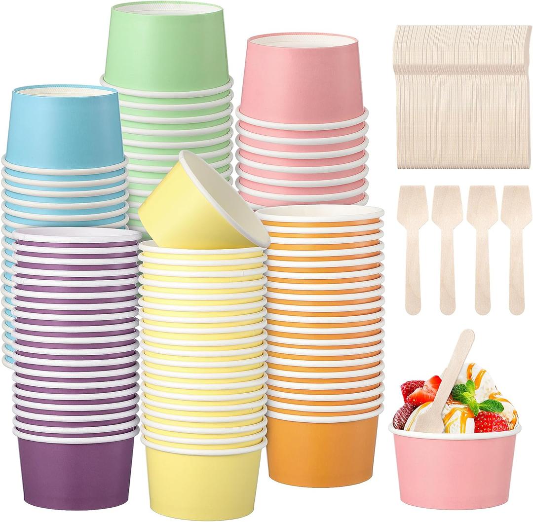 Kochorie 120 Pack 6oz Pastel Paper Ice Cream Cups with Spoons Colorful Party Paper Cups Disposable Dessert Sundae Bowls for Ice Cream Snacks Picnic Party Supplies