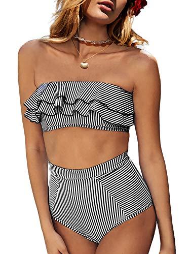 Saodimallsu Women High Waisted 2 Piece Bikini Set Bandeau Ruffle Swimsuit Top Striped Bathing Suits Black Size small