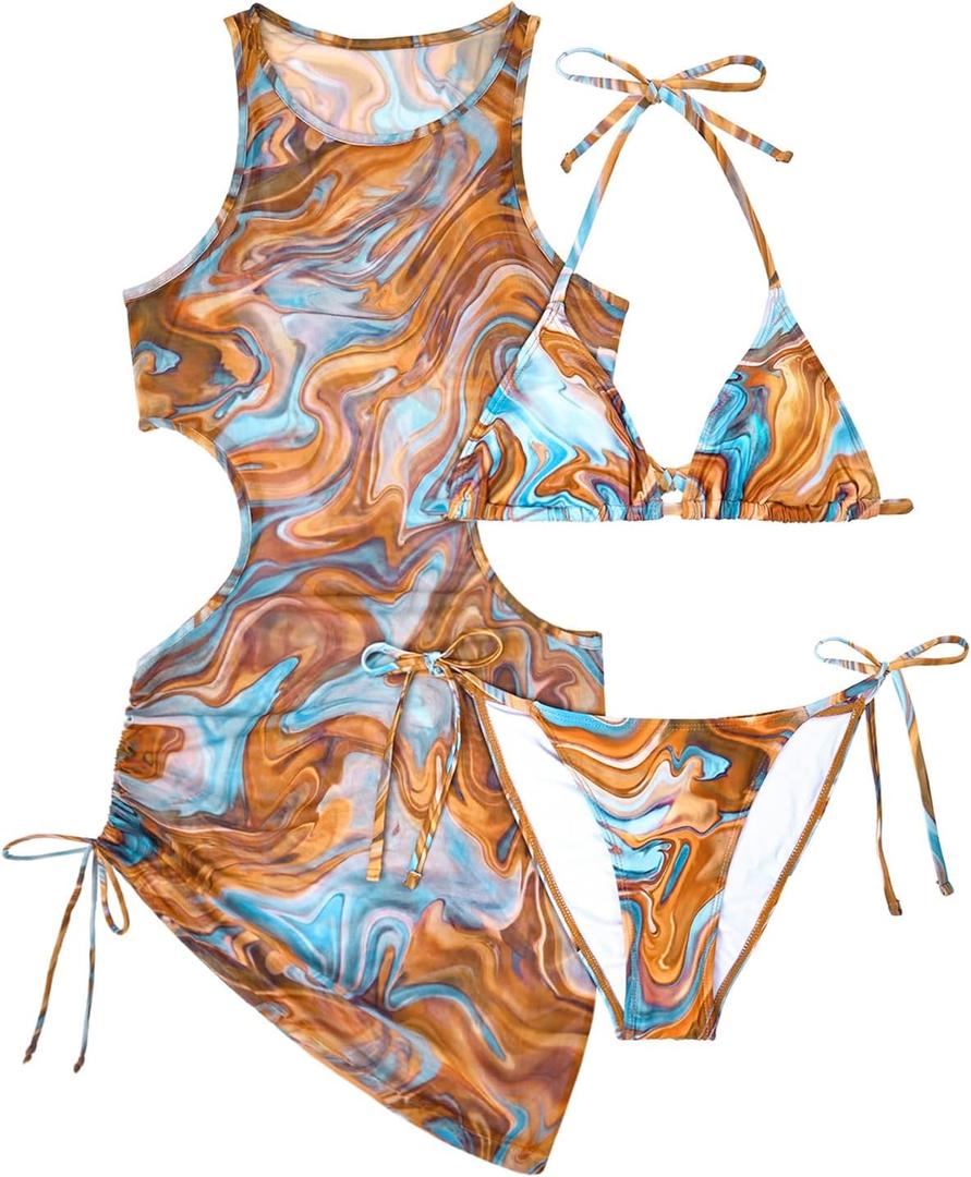 3 Piece Swimsuits Women Bikini Sets with Cover Up Halter Bathing Suit Set Sexy Cutout Coverup (Medium, Brown Blue Marble)