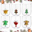 6 Pcs 17oz 3D Crystal Stemless Wine Glass Cup with Christmas Tree Gingerbread Man Love Glitter Star Christmas Stemless Wine Glass for Home Bar Party Juice Decor Festive Gifts
