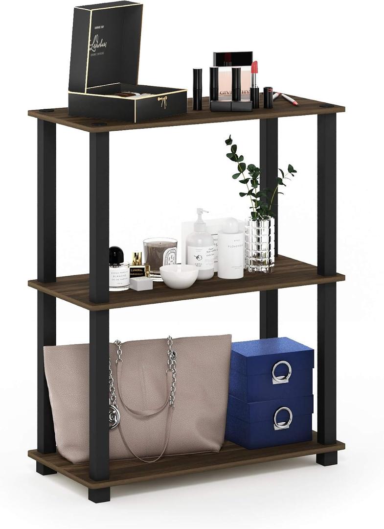 Furinno TURN-S-TUBE Storage Shelves, 3-Tier Book Shelf, Corner Shelf, Toolless Open Shelves, for Organization and Storage, Living Room, Garage, Home Office, Columbia Walnut, 3-Tier Square Tube