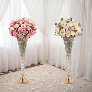 LemonRoad 2 Pcs 32 Inch Tall Gold Crystal Trumpet Vase for Centerpiece Wedding Extra Large Crystal Beaded Flower Vase with Metal Base for Table Floor Party Anniversary Birthday Banquet Celebration