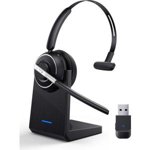 Bluetooth Headset, Wireless Headset with Microphone for PC, V5.2 Computer Headset with Noise Cancelling Mic, USB Dongle, Charging Base & Mute Button for Work, Cell Phones, Computer (Black)