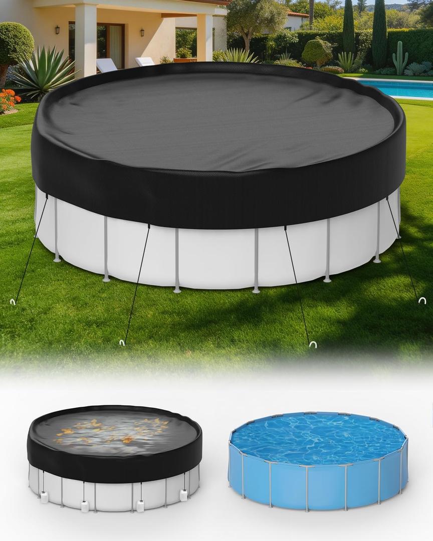21 ft Round Pool Covers for Above Ground Pools, Thicker Solar Pool Cover Protector - Heavy Duty Tear Resistant Fabric, with Ropes and Ground Nails, Waterproof, Dustproof, Windproof (Black)