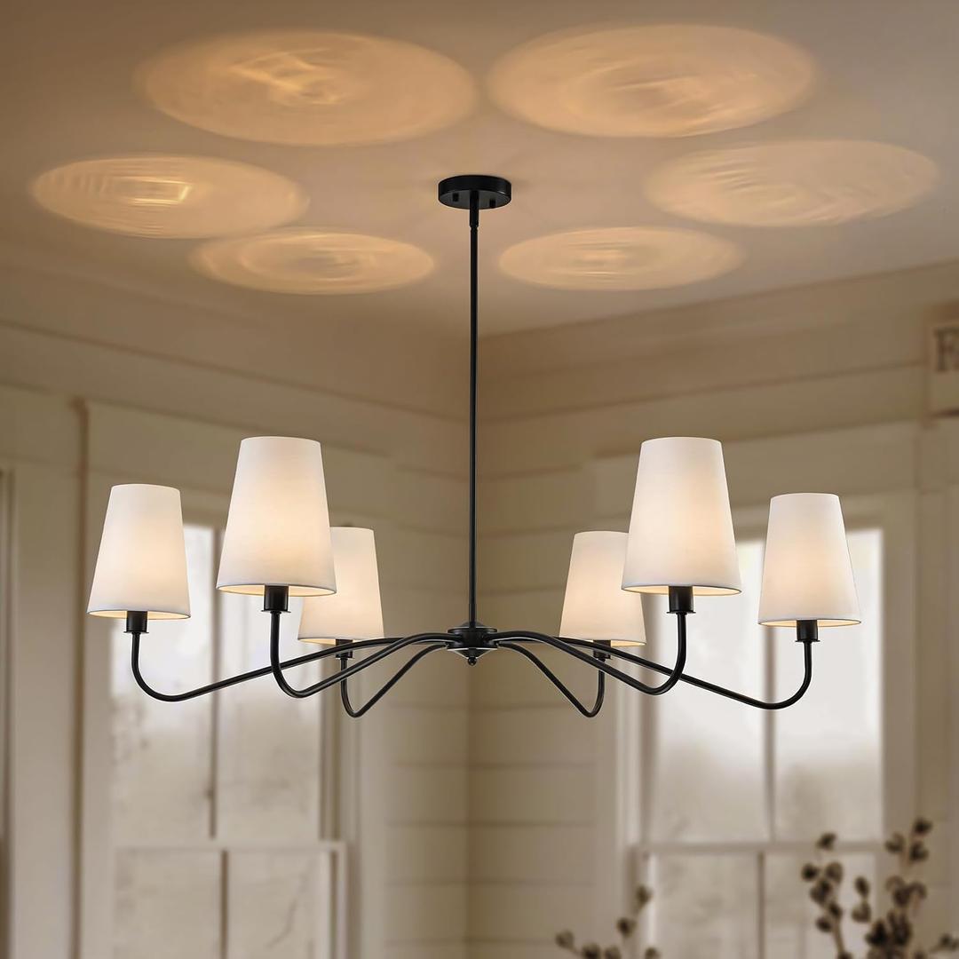 47'' Oversized Modern Chandelier with Shades, Farmhouse Chandelier, 6-Light Large Black Chandelier for Living Room, Adjustable Traditional Chandeliers for Foyer Kitchen E12 Base, D 47.63 Inches
