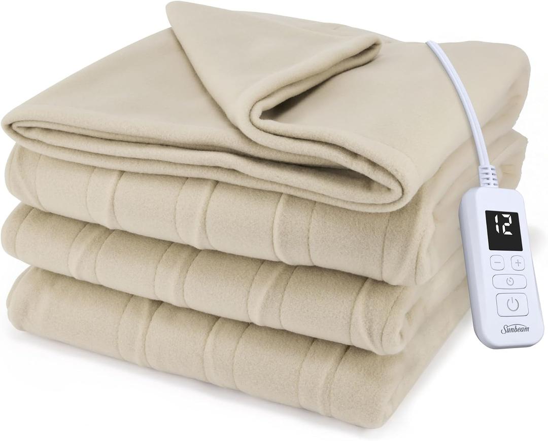 Sunbeam Royal Ultra Fleece Heated Electric Blanket Twin Size, 84" x 62", 12 Heat Settings, 12-Hour Selectable Auto Shut-Off, Fast Heating, Machine Washable, Warm and Cozy, Pebble