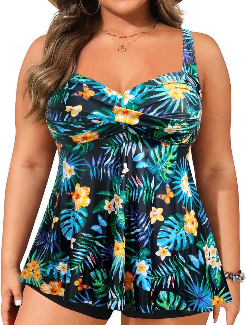 Aqua Eve Plus Tankini Tops for Women Swimwear Top Only Bathing Suits Flowy Tummy Control Swimsuit Top Black and Green Floral 14 Plus