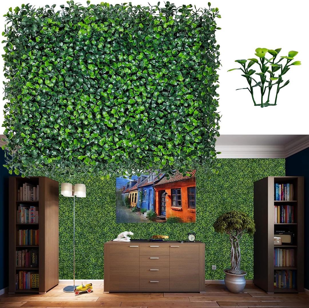 Artificial Grass Wall Backdrop Panels,16 X 12 in 24P(32 sqft) UV-Anti Greenery Boxwood Panels for Indoor Outdoor Green Wall Decor & Ivy Fence Covering Privacy