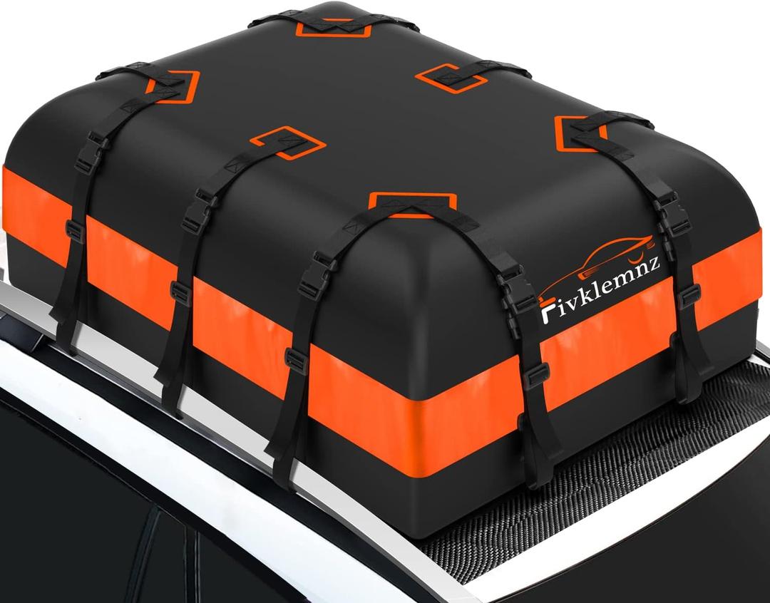 FIVKLEMNZ 21 Cubic Car Rooftop Cargo Carrier Roof Bag Waterproof for All Top of Vehicle with/Without Rack Includes Topper Anti-Slip Mat + Reinforced Straps + 6 Door Hooks + Luggage Lock (21 Cubic Feet)