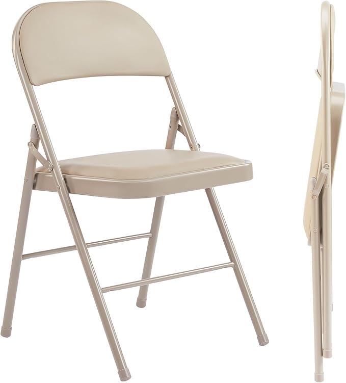 Sweetcrispy Folding Chair 3 Pack, Leather Padded Folding Chairs, Sturdy Metal Foldable Chairs, Easy to Use and Store, Outdoor and Indoor, for Home, Office, Party, Comfy, Kahki