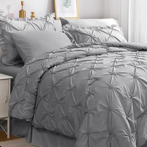 JOLLYVOGUE Gray Bed in a Bag Comforter Set for Bedroom, Pintuck Full Size Comforter Sets 7 Pieces,Beddding Sets with Comforter, Sheets,Ruffled Shams & Pillowcases (Full(82"x86"), Grey 