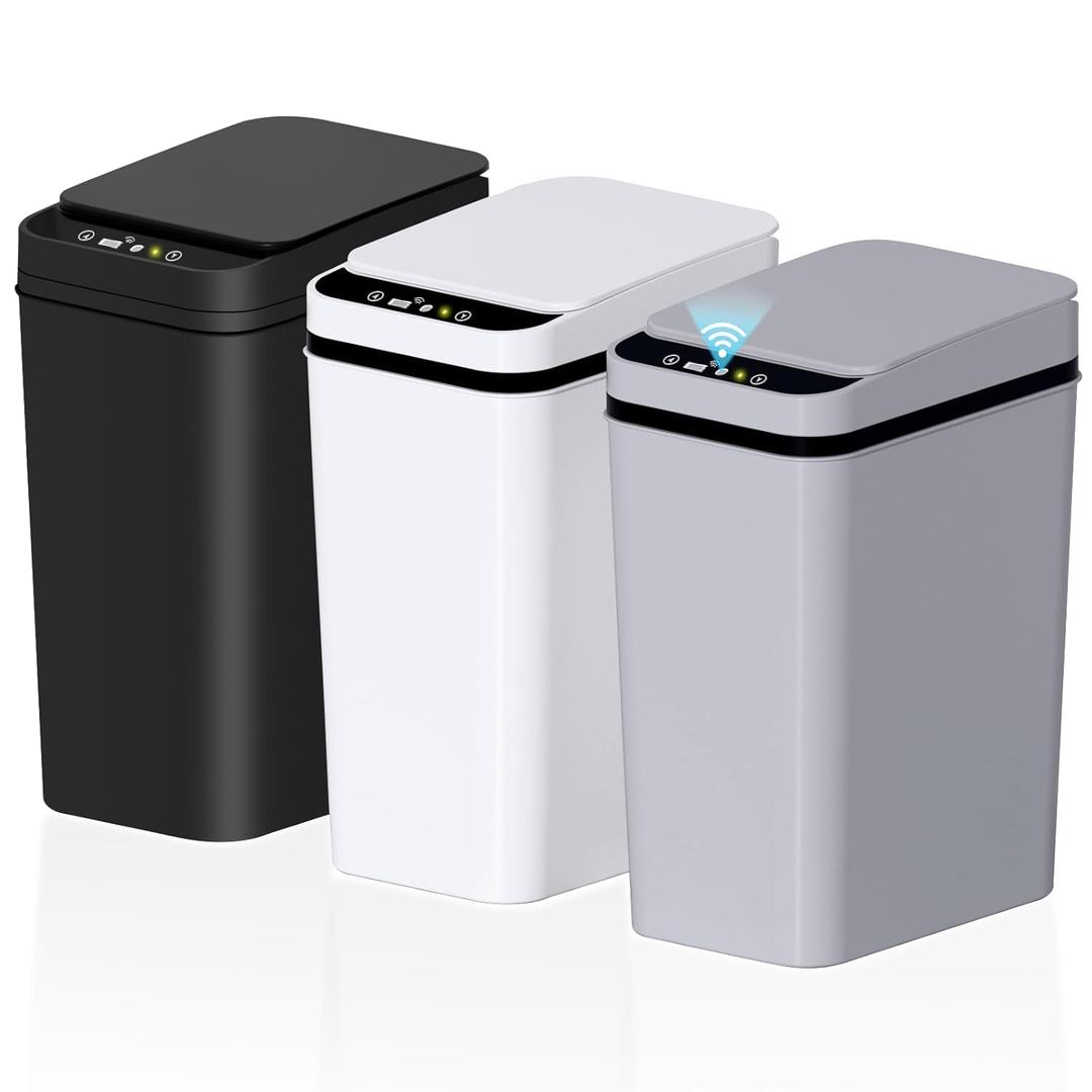 3 Pack Automatic Small Bathroom Trash Can with Lid  2.5 Gallon Touchless Garbage Can, Motion Sensor Smart Trash Bin, Slim Dog Proof Trashcan, Waterproof Plastic Wastebasket for Bedroom Office Kitchen