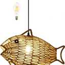 Woven Pendant Light Boho Chandelier Fish-Shaped Rustic Farmhouse Chandelier Hemp Rope Light Rattan Light Fixture for Dining Room Living Room Bedroom Kitchen Foyer(Bulb Included)