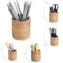 2 Pcs Rattan Pencil Holder Desk Organizer, Handmade Woven Stationery Storage Organizer Pen Holder Cosmetic Brush Pot Stand (Cylinder)
