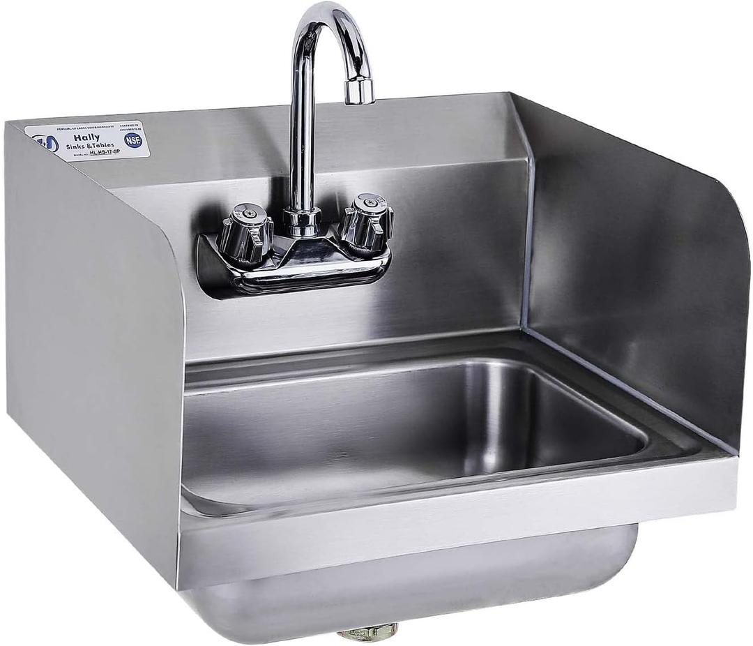HALLY Stainless Steel Sink with Faucet & Side Splash 17"x15" NSF Hand Basin
Commercial 304 18-gauge Hand Washing Sink, Small Sink, Compact Wall Mount Design for Restaurant, Kitchen, Bar, Home, Hotel