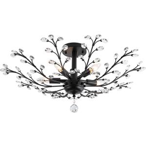 Modern 5 Light Small Crystal Chandelier 30 Inch Black Semi Flush Mount Ceiling Light Fixture for Kitchen Dining Room Bedroom Entryway Living Room Hallway, E12