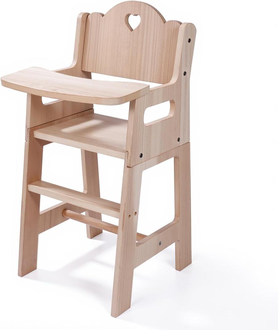 BABESIDE Baby Doll High Chair for 15-20 Inch Dolls, Wooden Baby Dolls Accessories Doll High Chair for Toddler Pretend Play Toys, Natural Wood Babydoll HighChair Toy