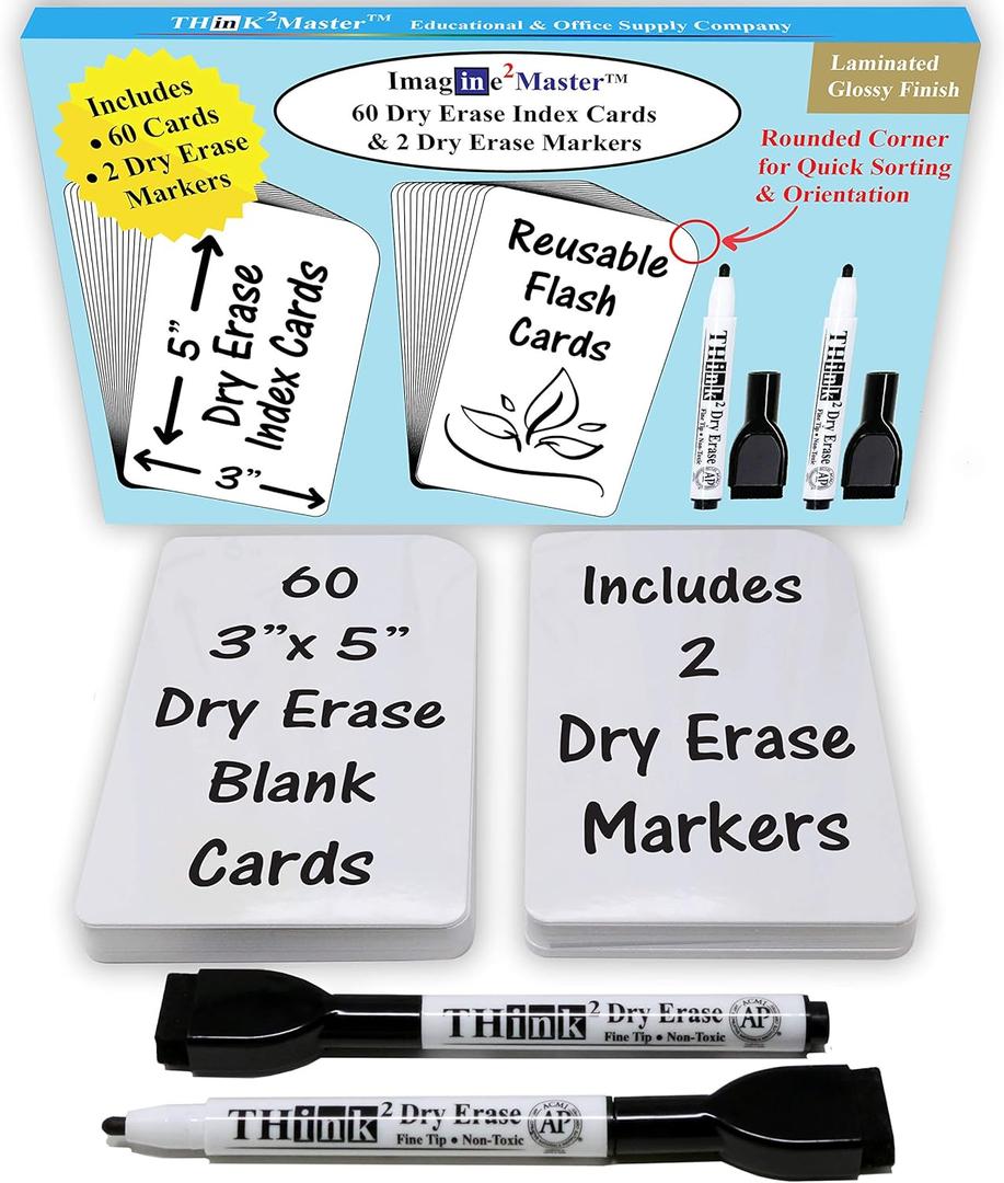 Imagine2Master 60 Blank Dry Erase Index Cards (3 X 5). Comes with 2 Dry Erase Markers. DIY Flash Cards Great for Vocabulary, Game, Message, Notes. Glossy Laminated Finish 300 GSM Card Stock