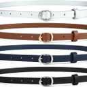 HOTWILL 4 Pack Women Skinny Belt for Dresses Jeans Pants Faux Leather Thin Waist Belts with Gold/Silver Oval Buckle (Small: 26"-28" (Pant 4-6), A_black&brown&silver&navy)