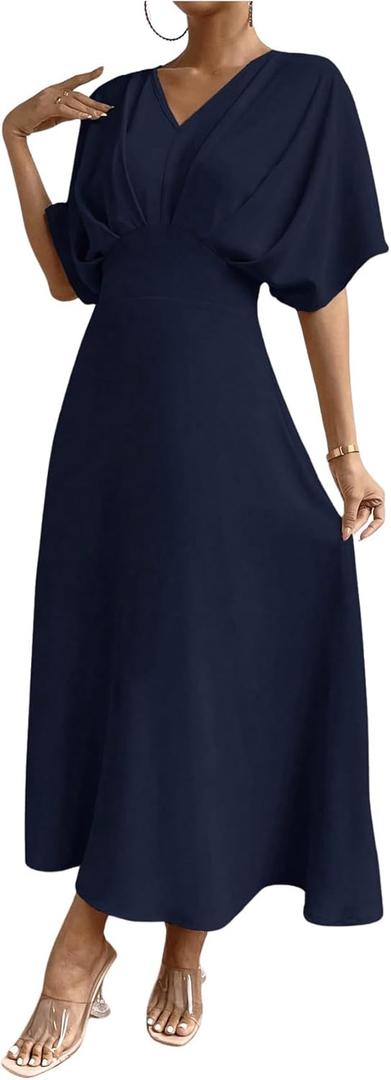 Floerns Women's V Neck Half Sleeve Ruched Cocktail Evening A Line Long Dress (Blue Ink) L