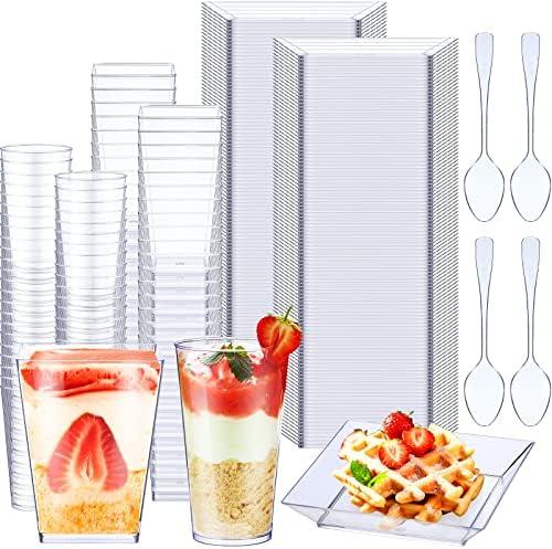 Nuogo 300 Pcs Mini Dessert Cups with Spoons 5.6 oz Square Plastic Dessert Cups 3 oz Round Shooter Containers 3.6 Inch Clear Plastic Plates Disposable Containers for Appetizers Parfait Pudding(Clear)