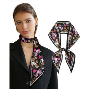 AWAYTR Long Silk Feel Scarf Women Hair Scarf Satin Neck Scarf Tie Bandana Headband Scarf Edge Wrap Head Scarf Purse Handbags (Black, M)