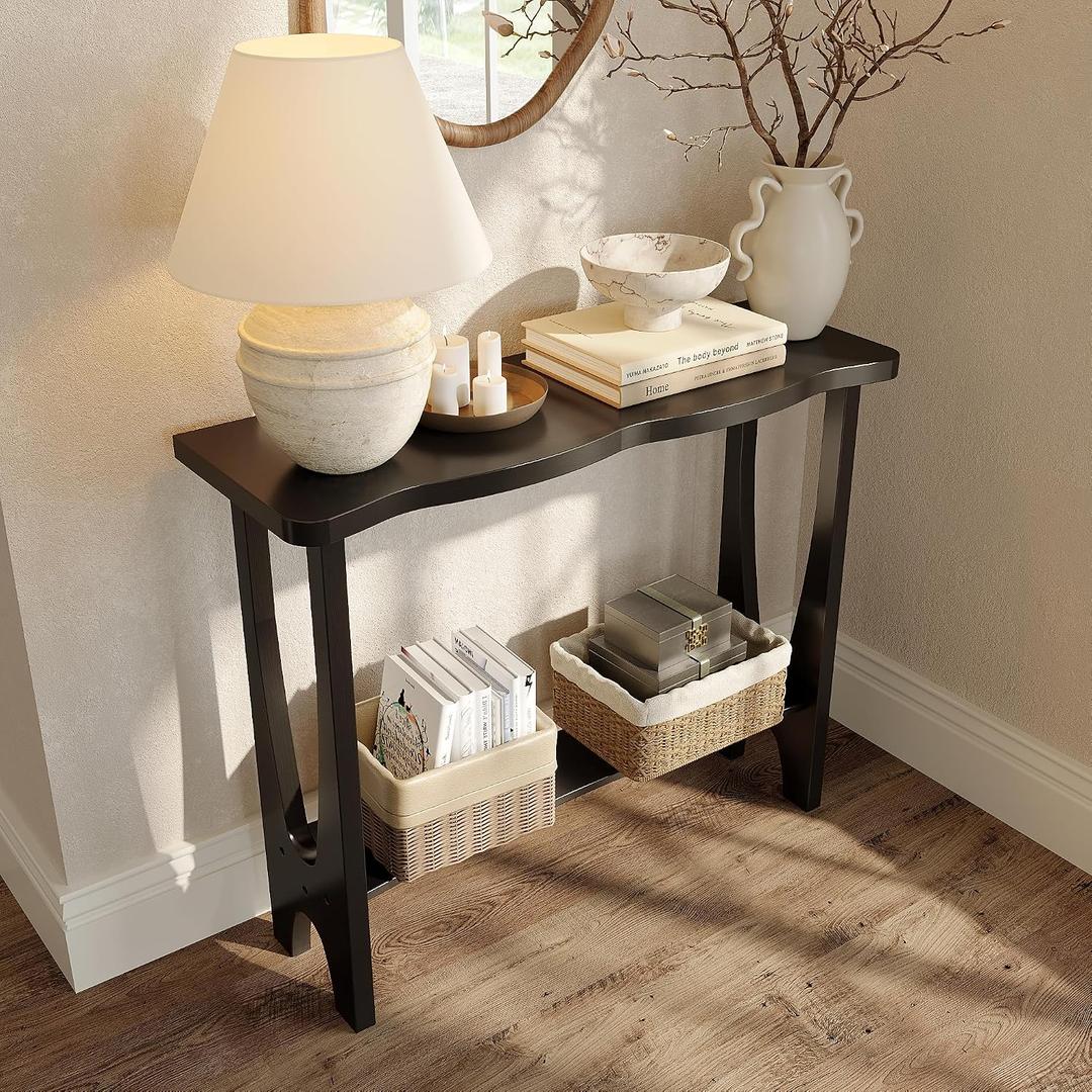CJL Solid Wood Curved Entryway Console Table, 39.4", Sofa Table, Black, 39.4''x11.8''x31.5''