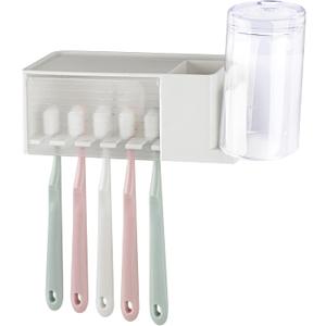 5 Slots Wall Mount Toothbrush Holder with Cover, Self Adhesive Toothbrush Storage Organizer for Shower, Toothpaste & Toothbrush Hanger for Bathroom, Medicine Cabinet, Dorm (White)
