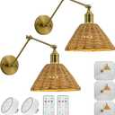 Battery Operated Wall Sconce 2 Pack, Gold Simple Rattan Wall Sconce Adjustable Brightness, Modern Furniture Decor Lighting for Kitchen Island Living Room Bedroom (Long arm - gold)