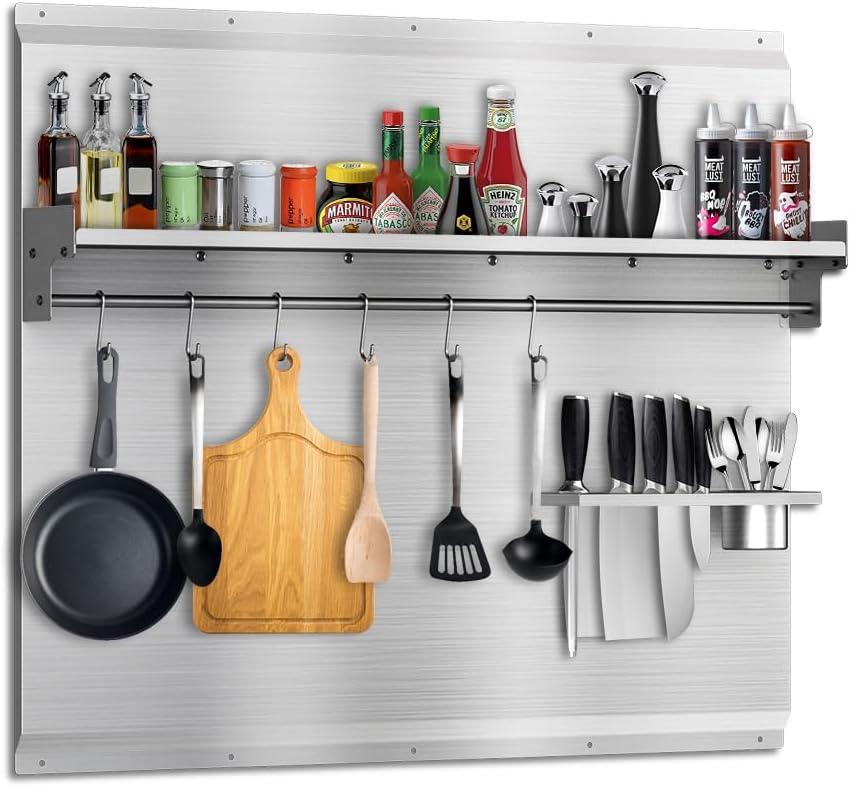 Stainless Steel Backsplash, 30" x 30" Range Backsplash with Storage Shelf & Knife Rack, Stainless Steel Stove Backsplash with Pre-Drilled Holes, Easy Clean and Installation