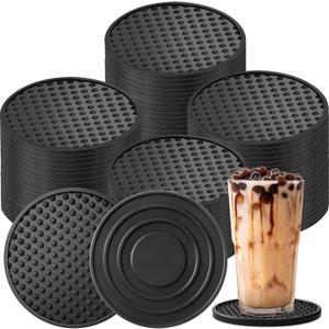 Eccliy 60 Pack Silicone Coasters for Drinks Nonslip Silicone Drink Coasters Cold Hot Heat Resistant for Table Tabletop Coffee Bar (Black)
