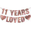 Pre-Strung 11 YEARS LOVED Rose Gold Glitter Banner, Happy 11th Birthday Decorations for Girls, 11 Year Old Party Decor for Her Pack of 2