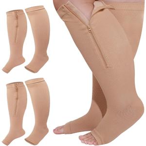 Hillban 2 Pair Plus Size Calf Zipper Compression Socks 15 to 20 Mmhg Open Toe Compression Stockings for Overweight Women(4 XL,Nude)