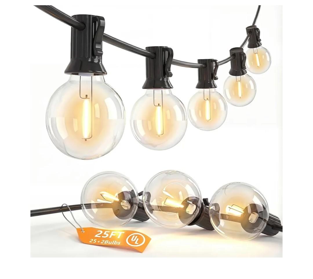 SUNSGNE G40 LED Globe Outdoor String Lights Waterproof Shatterproof, 25FT Outdoor Globe Lights with 25 LED Plastic Clear Light for Café Bistro Porch Pergola Tents Balcony Decor, Black Wire